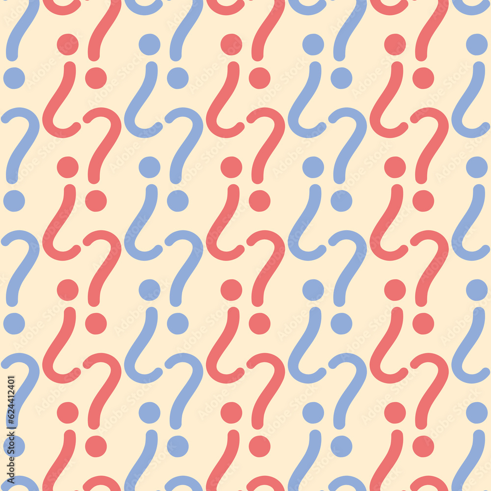 Red and blue question mark vector repeat pattern over yellow. Handwritten lettering seamless illustration.