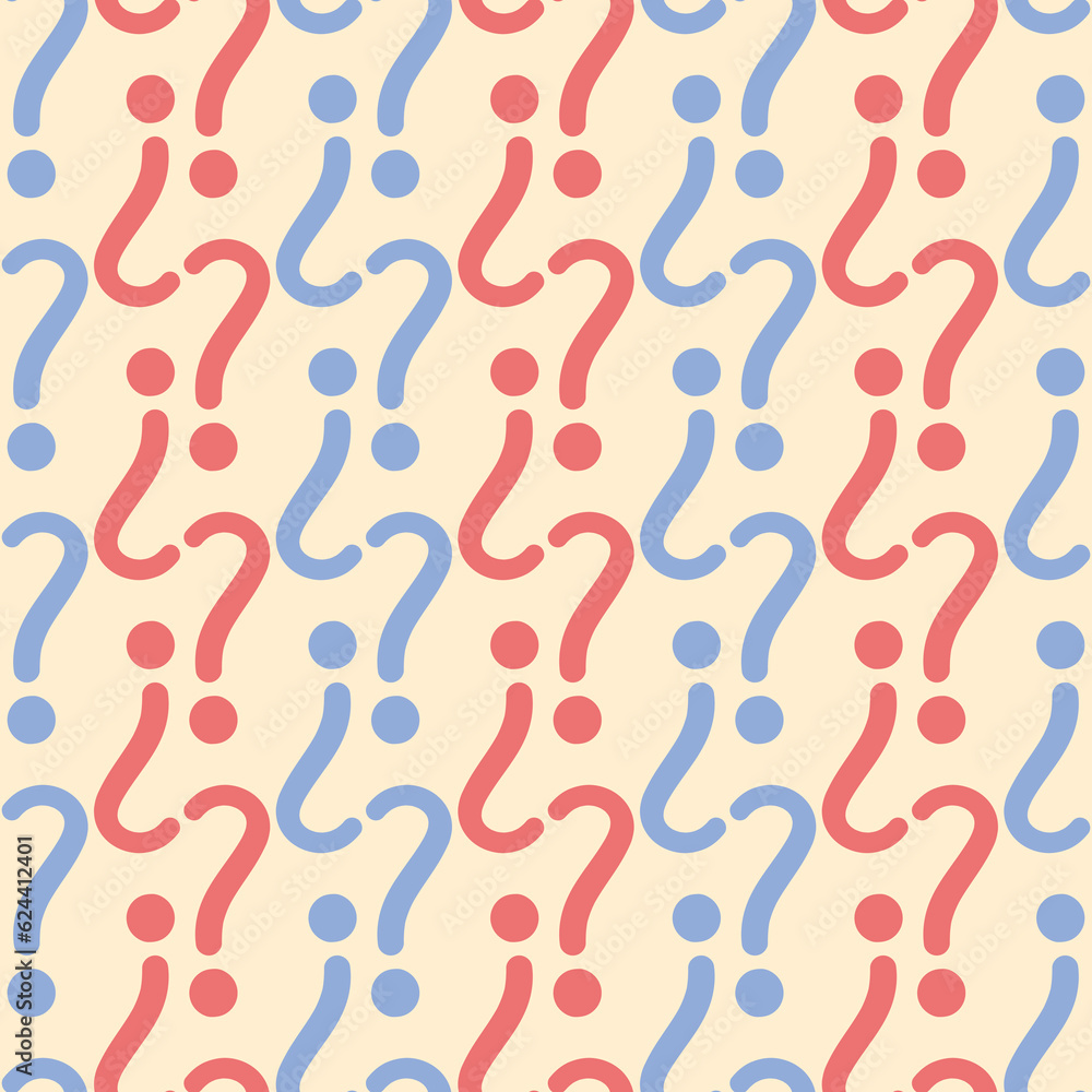 Red and blue question mark vector repeat pattern over yellow. Handwritten lettering seamless illustration. Red and blue question mark vector repeat pattern over yellow. Handwritten lettering seamless illustration.