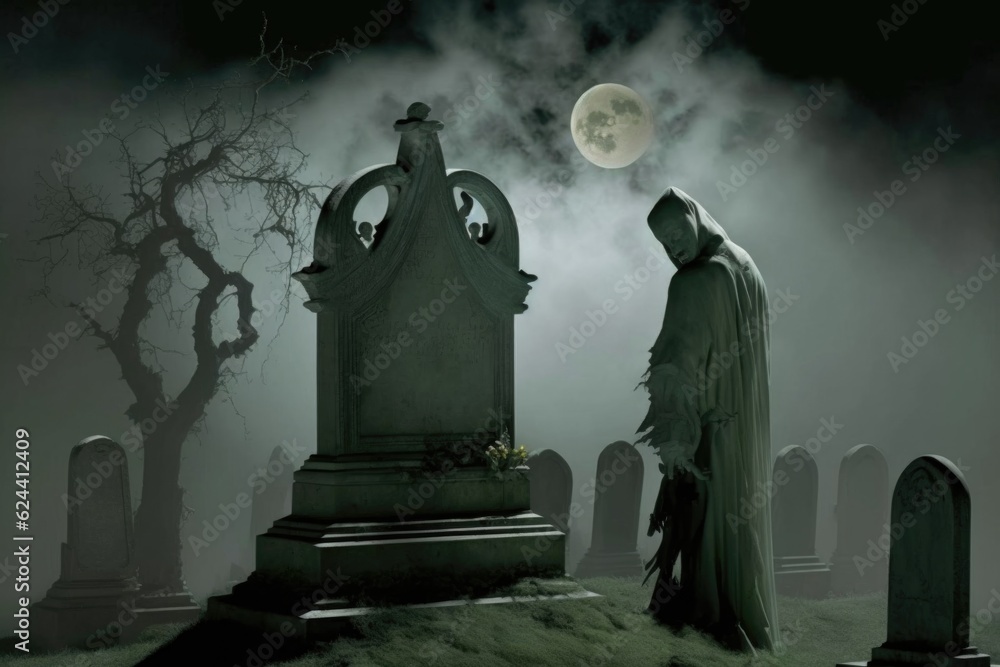 ghostly figure kneeling at the grave of its loved one, with misty fog and eerie moon above, created with generative ai ghostly figure kneeling at the grave of its loved one, with misty fog and eerie moon above, created with generative ai