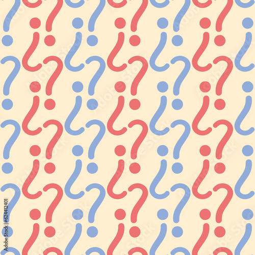 Red and blue question mark vector repeat pattern over yellow. Handwritten lettering seamless illustration.