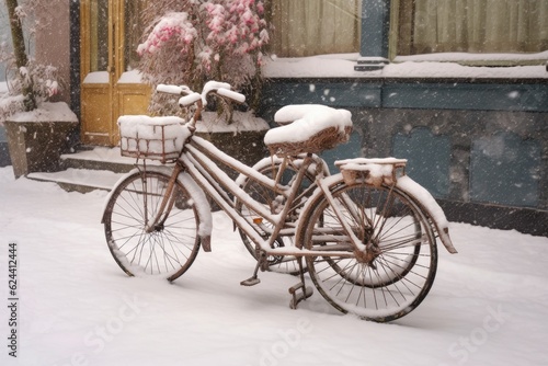 snow-covered tandem bicycle waiting for riders, created with generative ai