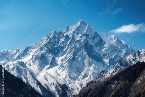 majestic mountain range, with snow-capped peaks and clear blue skies, created with generative ai