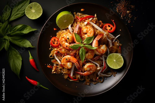 A Plate of Shrimp Pad Thai, top view, dark background.ai generative