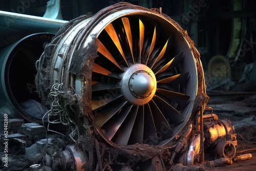 damaged airplane engine with visible internal parts, created with generative ai