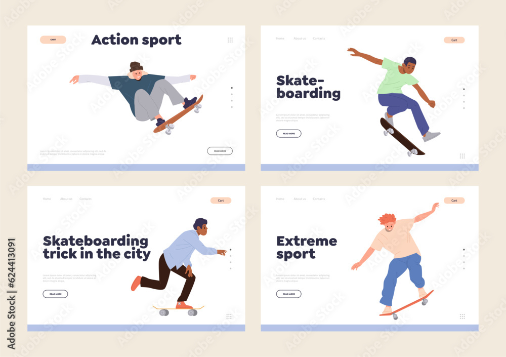 Action sport, extreme hobby, youth culture and skateboarding landing page design template set
