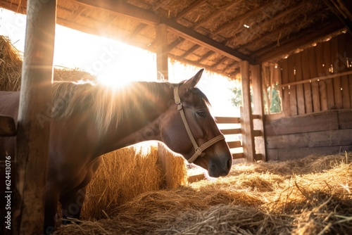 sunrays shining on horse as it eats hay, created with generative ai photo