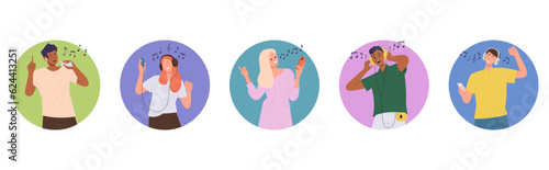 Isolated set of round composition with joyful young people cartoon character listening music