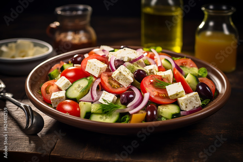Greek salad with fresh vegetables, feta cheese, kalamata olives, dried oregano, red wine vinegar and olive oil. Healthy food.ai generative © Oleksandr