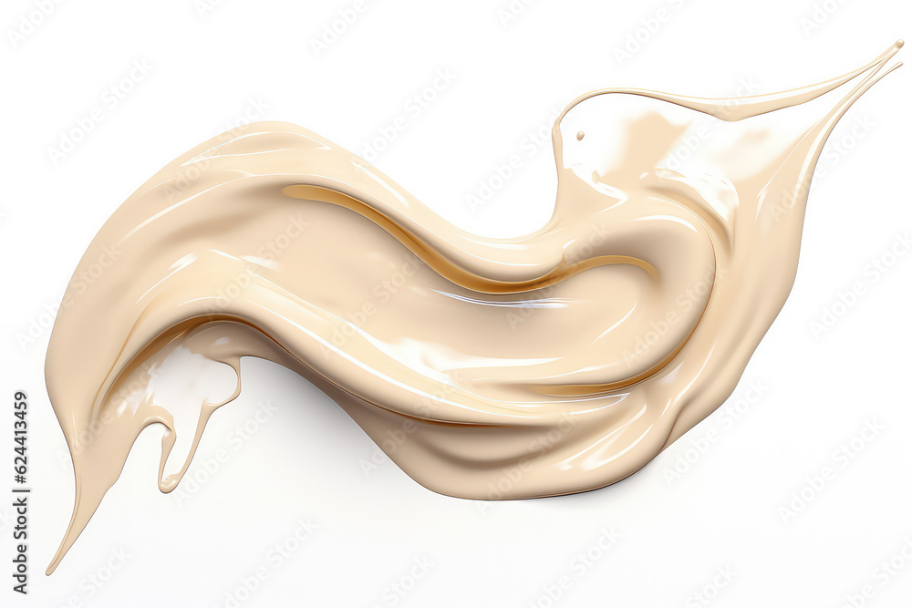 Splash of liquid beige foundation isolated on a white flat background. Beige liquid splash with drops, copy space. Generative AI 3d render illustration imitation. Splash of liquid beige foundation isolated on a white flat background. Beige liquid splash with drops, copy space. Generative AI 3d render illustration imitation.