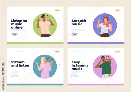 Online music streaming, radio station broadcasting landing page design template isolated set