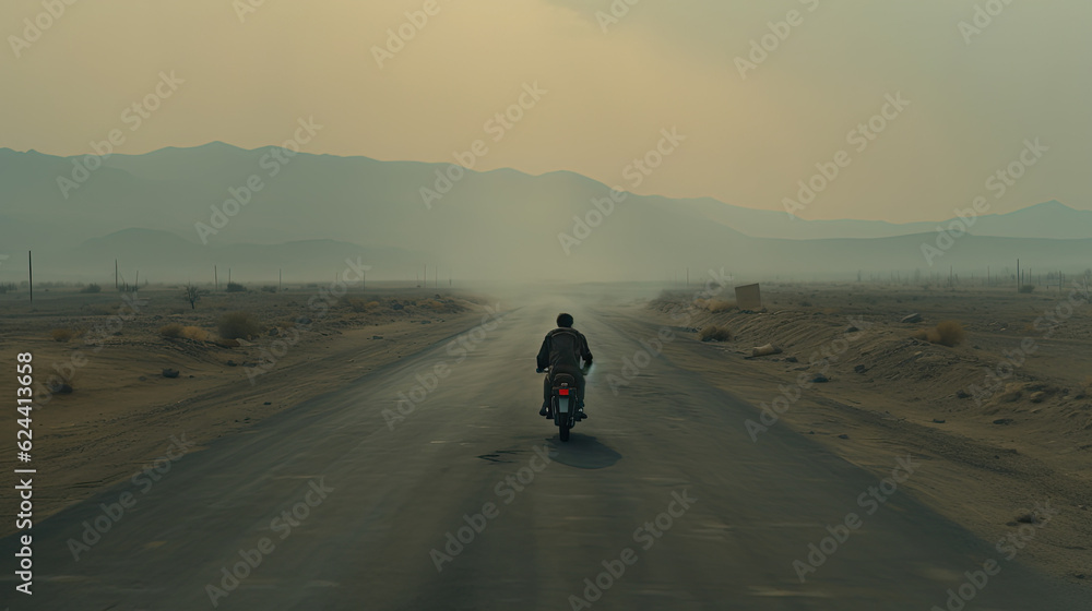 wide shot of a lonely isolated motorcycle rider generative ai wide shot of a lonely isolated motorcycle rider generative ai