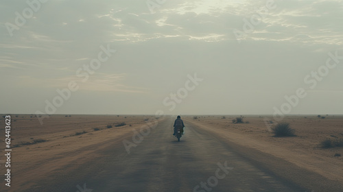 wide shot of a lonely isolated motorcycle rider generative ai