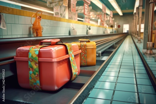 luggage with fragile sticker on conveyor belt, created with generative ai