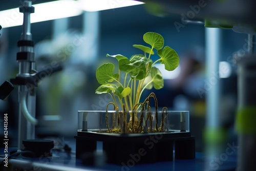 A bioengineered plant growing in a laboratory, with scientists in lab coats in the background