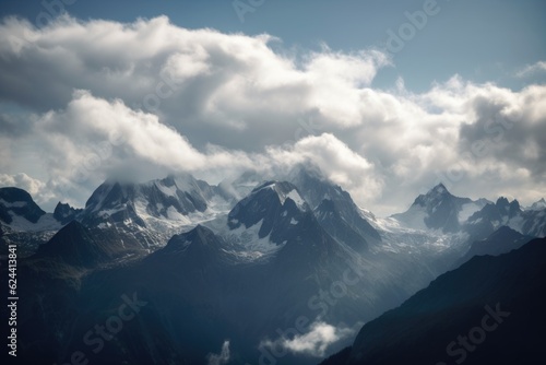 snow-capped mountain range, with clouds gathering in the distance, created with generative ai