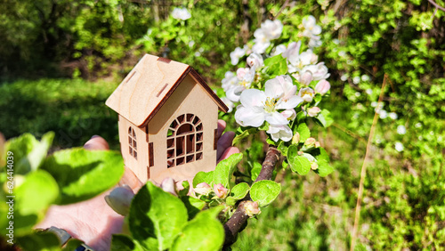 Wallpaper Mural Small wooden toy house on palm of woman hand on natural background with apple flowers. symbol and concept of care, buying, selling, donating of eco friendly home. close-up, soft selective focus Torontodigital.ca