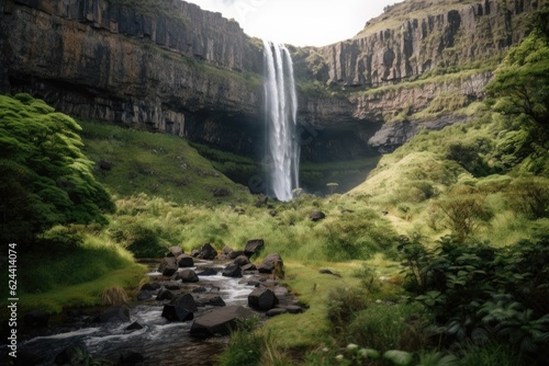 waterfall  surrounded by lush greenery and towering cliffs  created with generative ai