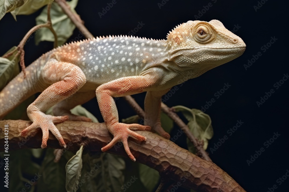 Naklejka premium lizard in the process of shedding skin on a leafy branch, created with generative ai