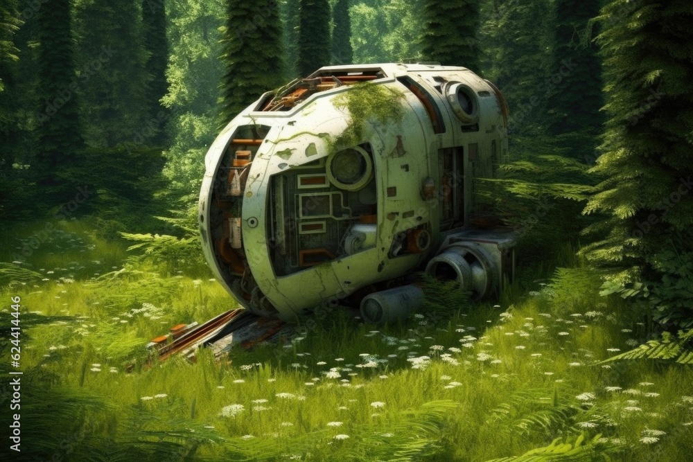 overgrown spacecraft in a lush meadow, created with generative ai overgrown spacecraft in a lush meadow, created with generative ai