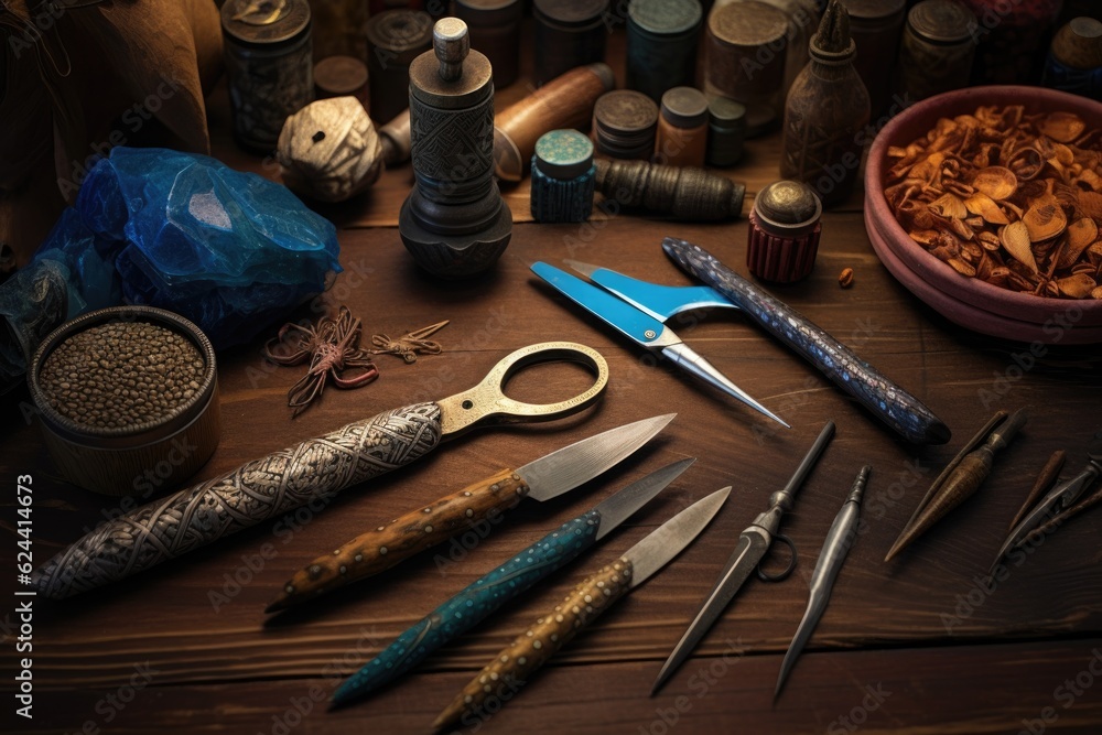 crafting tools arranged next to a half-finished knife, created with generative ai crafting tools arranged next to a half-finished knife, created with generative ai