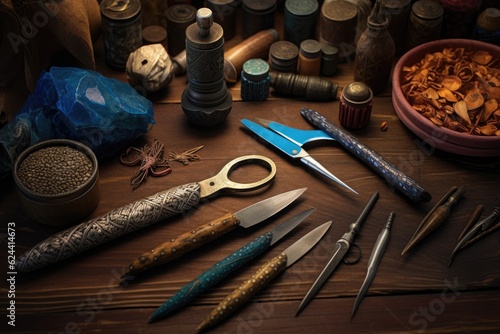 crafting tools arranged next to a half-finished knife, created with generative ai