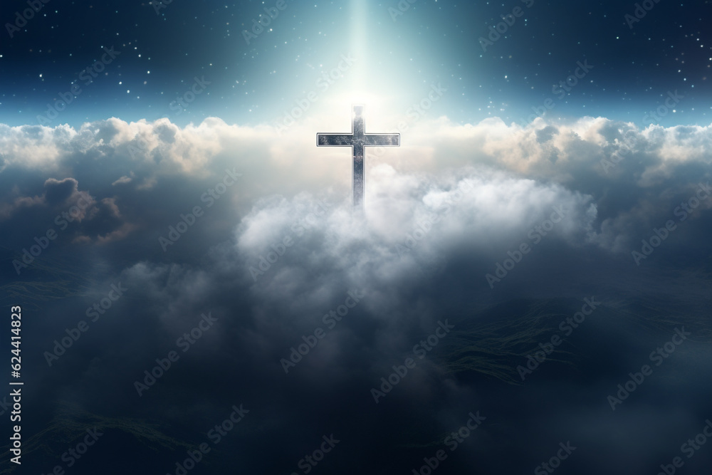 Culture and religion concept. Glowing catholic cross above planet Earth and surrounded clouds. Minimalist and surreal sacral illustration. Generative AI