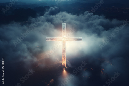 Culture and religion concept. Glowing catholic cross above planet Earth and surrounded clouds. Minimalist and surreal sacral illustration. Generative AI © Rytis