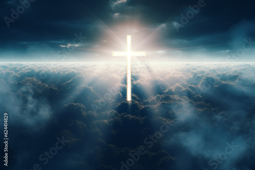 Culture and religion concept. Glowing catholic cross above planet Earth and surrounded clouds. Minimalist and surreal sacral illustration. Generative AI