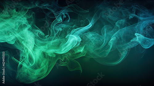 Abstract backdrop Cloud of green and blue smoke on a black isolated background