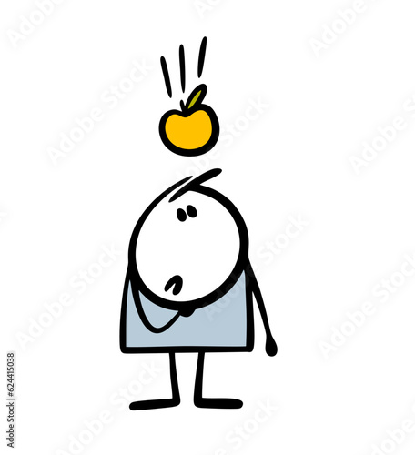 Apple falls from a tree branch onto the head of a thoughtful stickman. Cartoon vector illustration of a scientist physicist.