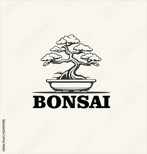 bonsai plant minimalist design, black and white logotype