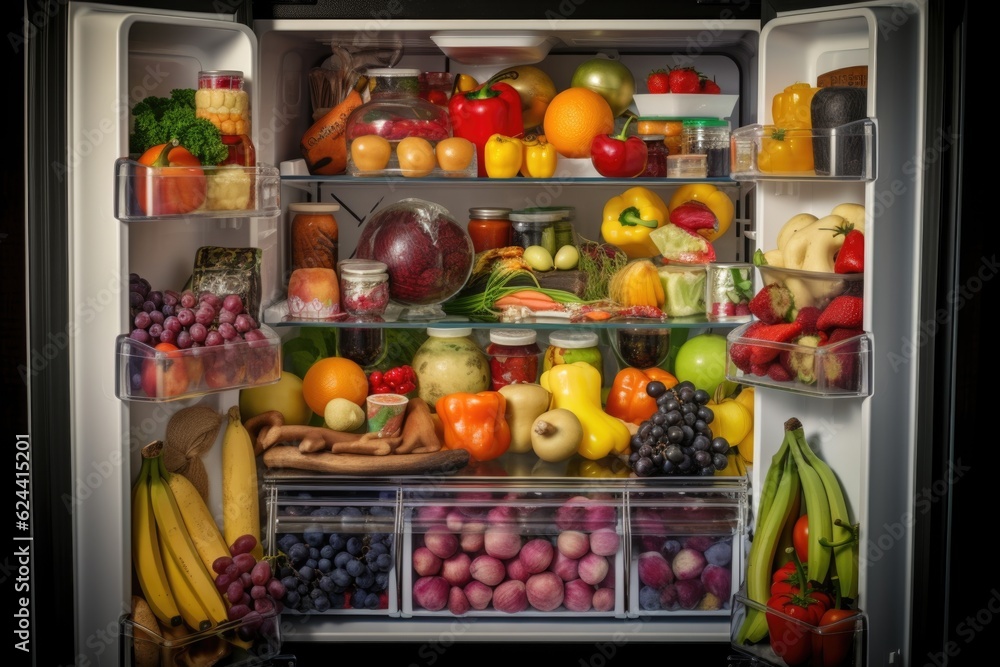 refrigerator or freezer filled with colorful fruits and vegetables, created with generative ai