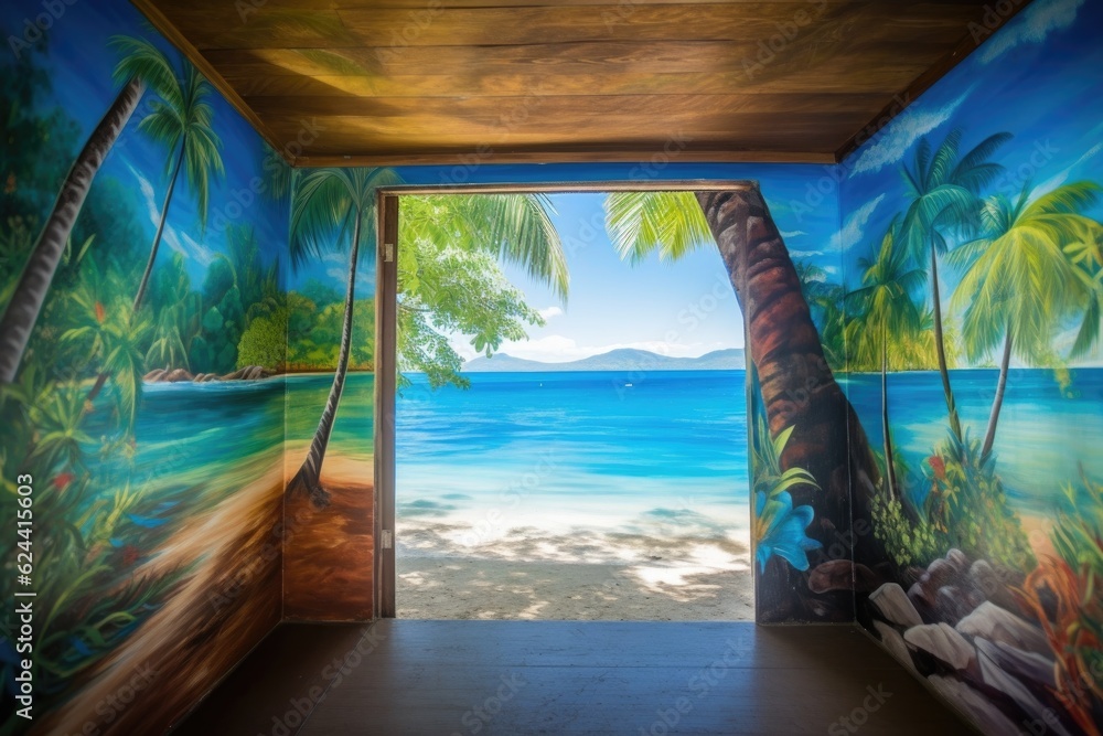 Fototapeta premium a colorful mural of a tropical beach, with palm trees and crystal-clear waters, created with generative ai