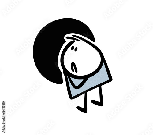 Confused stickman boy looks into a black hole. Vector illustration of a frightened child and an unknown danger.