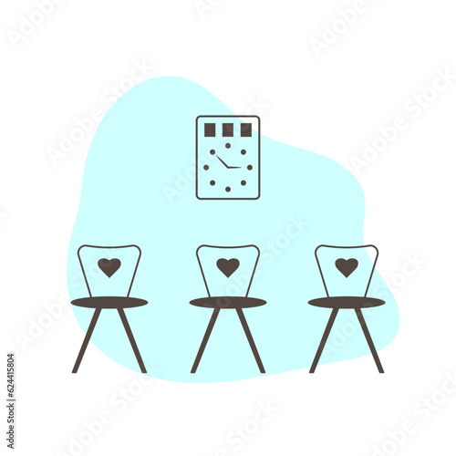 Waiting room with chairs and wall clock. Vector icon in flat style