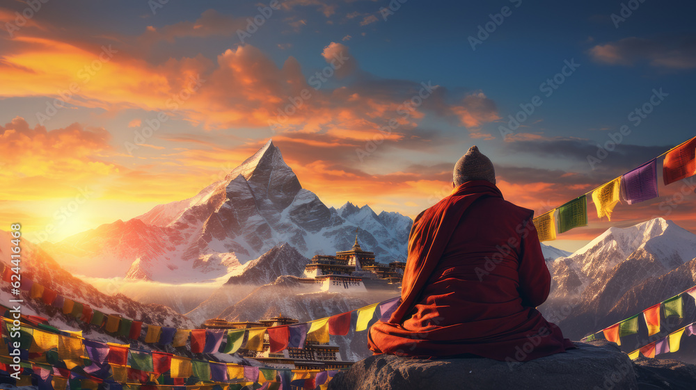 Everest and Tibetan temples.