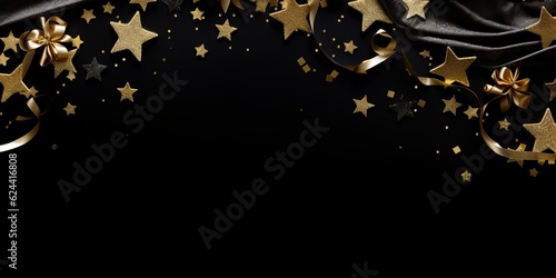 New Years Eve corner border banner of glittery gold stars. Created with generative AI technology.