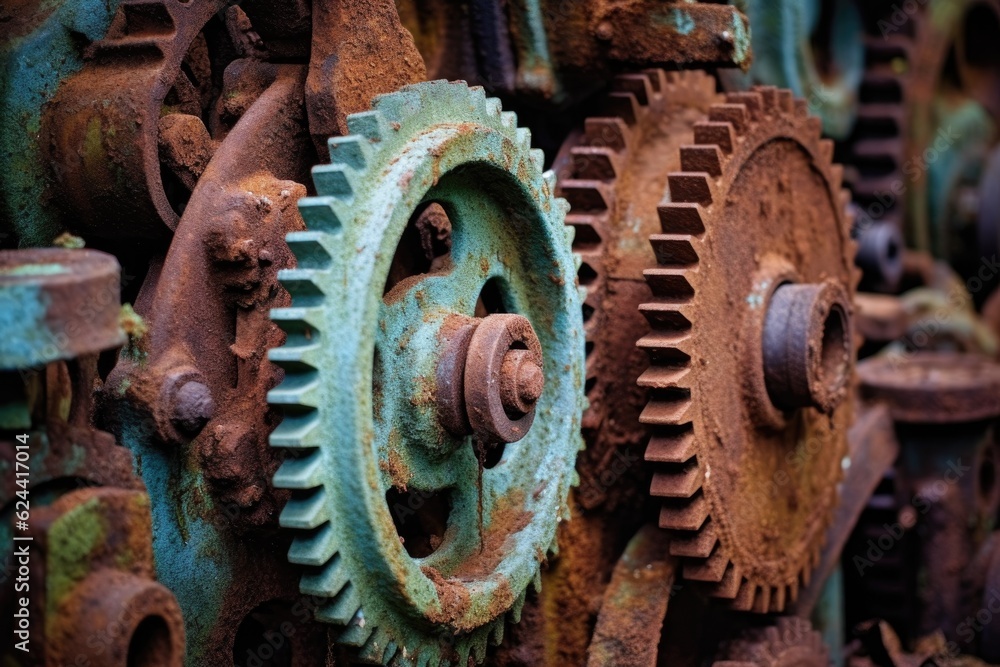 detail of corroded farm machinery gears, created with generative ai