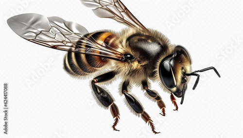 Vibrant AI generator illustration of very realistic bee isolated in white background © Alicina