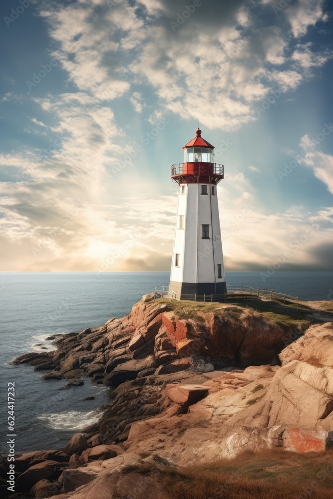 Lighthouse on rock and calm seas, created using generative ai technology