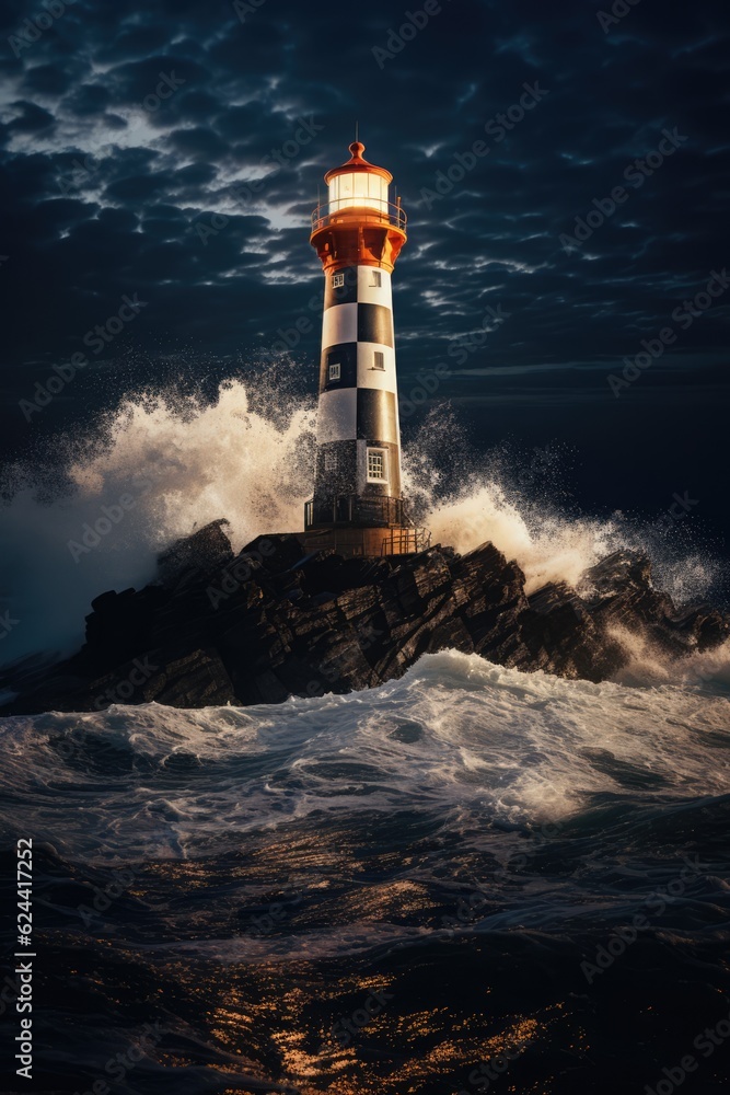 Obraz premium Lighthouse and stormy seas at night, created using generative ai technology