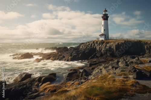 Lighthouse on rock and calm seas, created using generative ai technology