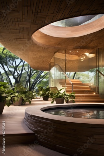 Relaxation pool with plants and stairs at modern health spa  created using generative ai technology