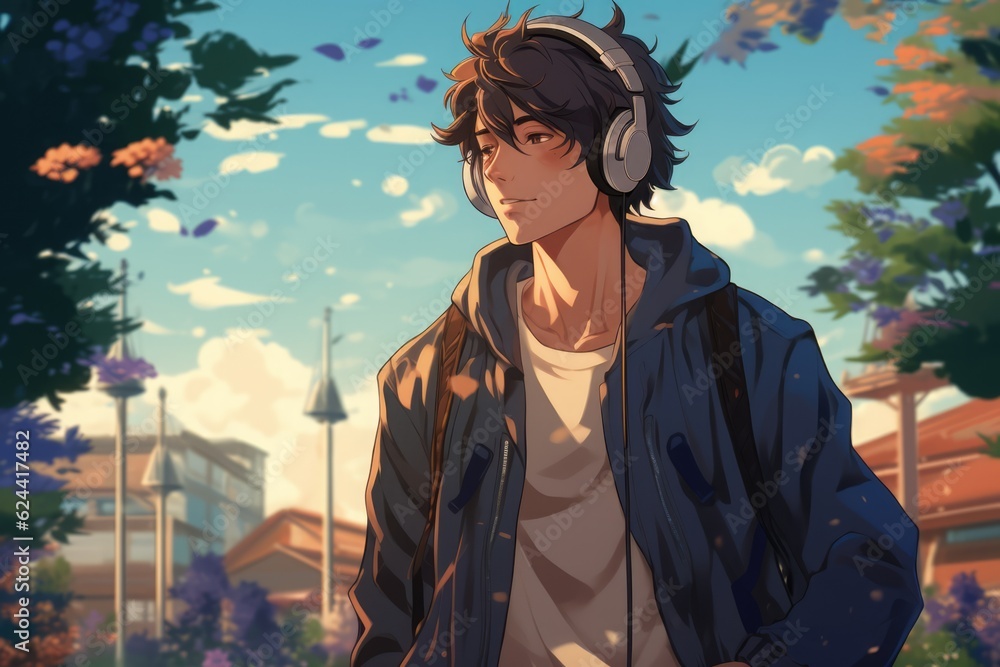 Naklejka premium Lofi anime boy wearing headphones in city, created using generative ai technology