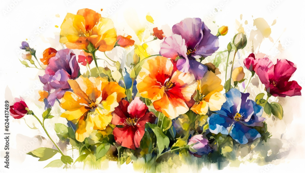 Watercolor colorful flowers illustration - Generative AI 