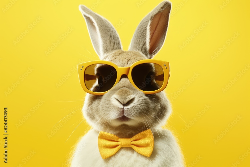 Rabbit wearing sunglasses on yellow background, created using generative ai technology