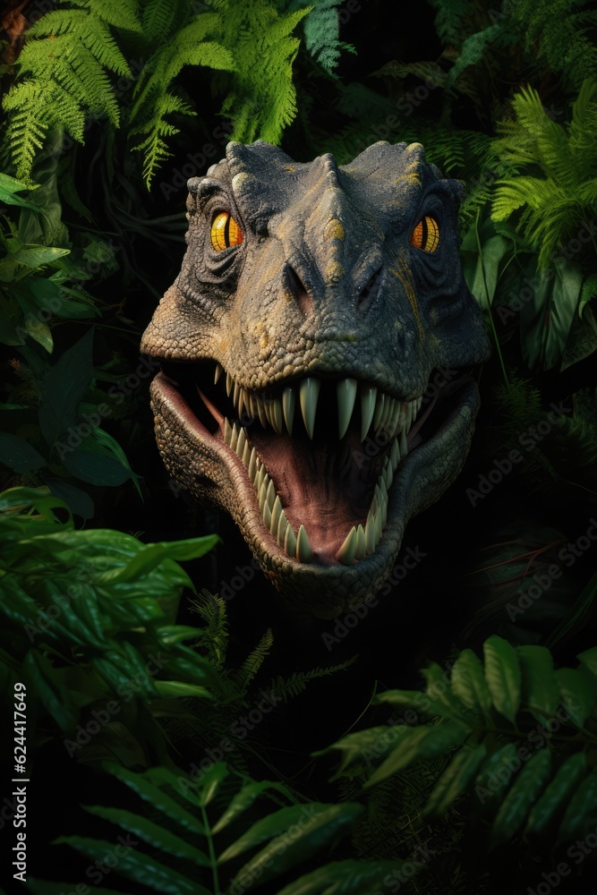 Obraz premium Headshot of dinosaur with plants in forest, created using generative ai technology