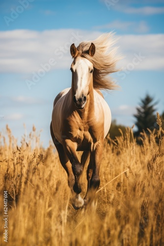 Fotografia Brown horse galloping in field on sunny day, created using generative ai technol