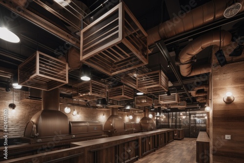 vintage ventilation and exhaust system with wooden slats, exposed ceiling beams, and vintage light fixtures, created with generative ai