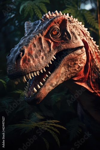 Headshot of dinosaur with plants in forest, created using generative ai technology